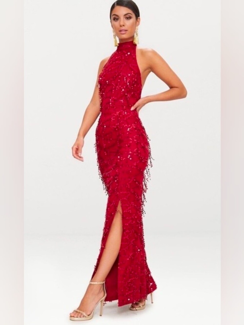 Red Halter Sequin Evening Gown
